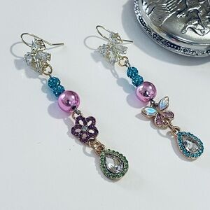 Handmade Dangle Pink & Teal Floral Drop Earrings